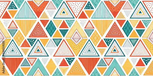 Colorful geometric pattern featuring triangles in vibrant shades of orange, teal, and yellow.
