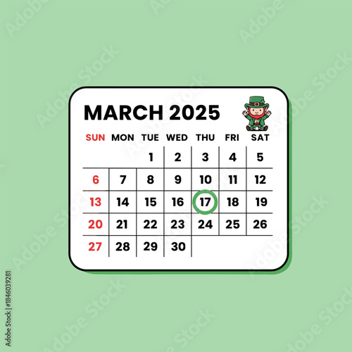 March 2025 calendar with St. Patricks Day highlighted and a leprechaun graphic.