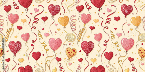 Colorful heart balloons and confetti decorate a festive background, perfect for celebrations.