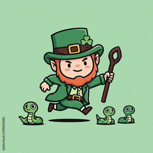 Cartoon Leprechaun Chasing Snakes with a Shillelagh on St. Patricks Day.