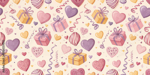 Colorful patterned backdrop with gifts, hearts, and festive elements in shades of pink and purple.