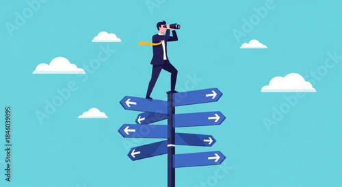 Businessman Standing on Directional Signpost Using Binoculars for Future Planning and Decision Making in Clear Sky Environment