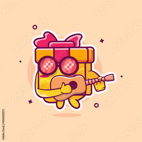 funny gift box character mascot playing guitar isolated cartoon