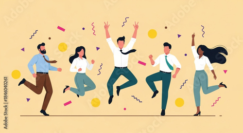 Group of Diverse People Jumping Joyfully in Celebration on Plain Background, Illustration with Confetti and Happy Expressions