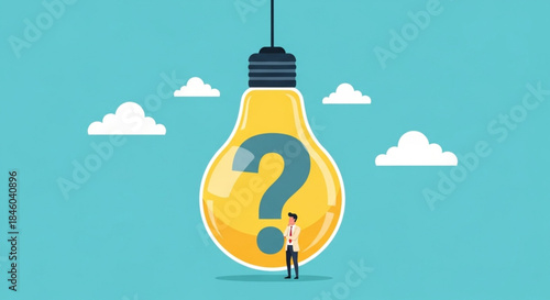 Businessman Contemplating Big Question Mark Inside Light Bulb Illustration, Conceptual Idea and Innovation in Minimalist Graphic Design