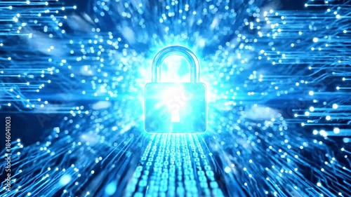 Blue-lit padlock floats through streaming data,spark-like lights weaving a secure cyberspace online