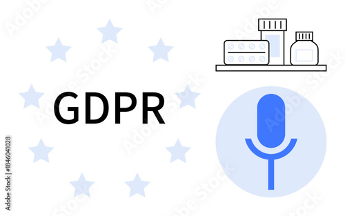 Data privacy, compliance, healthcare security, voice recognition, personal data management, online privacy. Text GDPR, microphone icon and medical items. Data privacy and compliance
