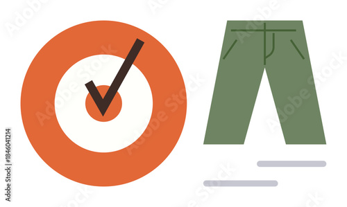 Bold orange target with a black checkmark next to green trousers, emphasizing achievement, success, goals, fulfillment, decision-making, productivity, and clarity. Ideal for business success retail