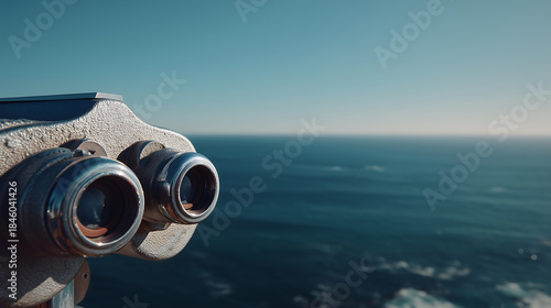 Looking Through Binoculars at Ocean Horizon, Exploration Concept