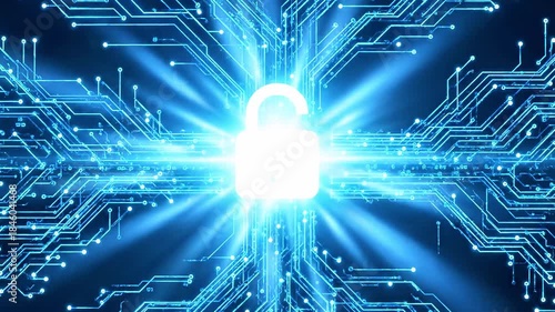 Glowing blue padlock centered among neon circuit traces, symbolizing secure digital networks now!!!!