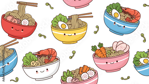 Ramen bowl pattern, kawaii noodle design, Japanese food illustration, smiling soup vector, cute cuisine texture, flat vector illustration