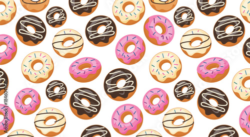 Donut seamless pattern, cartoon dessert design, sweet bakery background, chocolate vanilla pink glaze, playful food texture, flat vector illustration