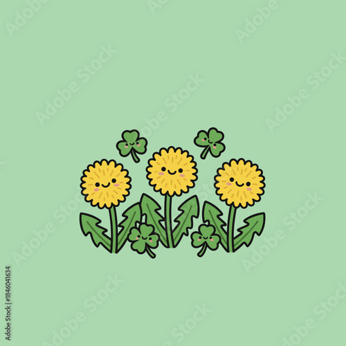 Cheerful Dandelions and Clovers - A Whimsical Garden Illustration.
