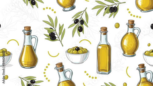 Olive oil bottle pattern with green and black olives, Mediterranean cuisine design, seamless food texture, flat vector illustration