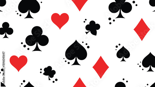 Playing card suit pattern, spades hearts diamonds clubs on white background, seamless casino design, gambling texture, flat vector illustration