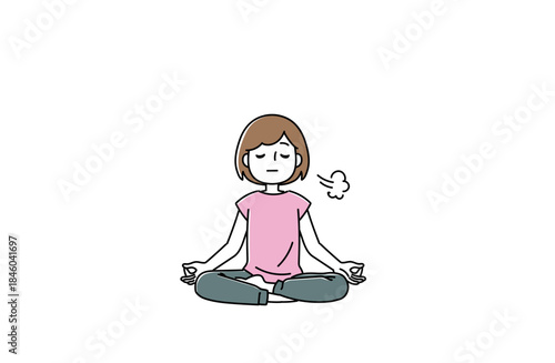 あぐらをかいて深い呼吸をする女性のイラスト
