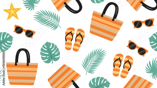 Summer beach pattern, orange flip-flops, striped bags, sunglasses, tropical leaves, starfish design, seamless vacation texture, flat vector illustration