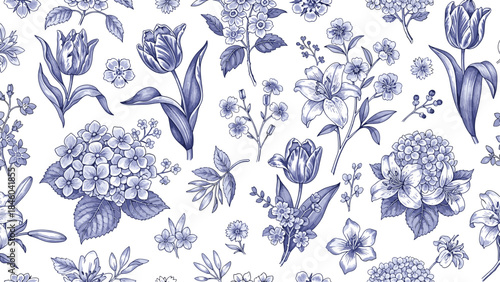 Blue floral pattern, tulips lilies hydrangeas with leaves, elegant botanical design, seamless nature texture art, flat vector illustration