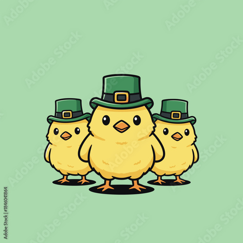 Three Adorable Chicks Celebrating St. Patricks Day with Green Hats.