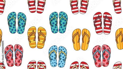 Colorful flip-flop pattern, summer footwear design with stripes, polka dots, cherries, seamless beach texture, flat vector illustration