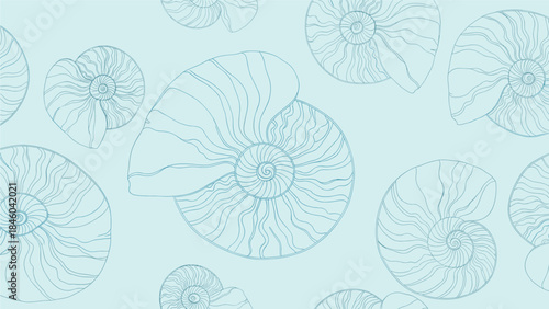 Seamless ammonite fossil pattern, blue spiral shells, prehistoric marine design, natural history motif, educational scientific art, flat vector illustration