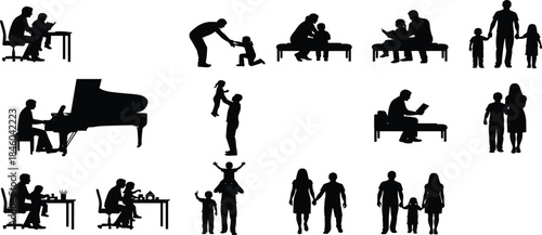 Family everyday activity silhouettes set showing parents children learning playing music reading together isolated black vector icons stock