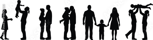 Happy family silhouettes collection showing parents children bonding holding hands lifting kids isolated black vector icons for lifestyle illustration stock