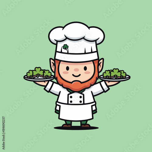 Leprechaun Chef Serving Shamrock Dishes for St. Patricks Day.