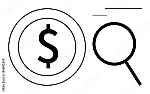 Dollar sign within a circle and zoom effect on magnifying glass signifying analysis, search, and financial focus. Ideal for finance, audit, business, money management, economy tax investment. A