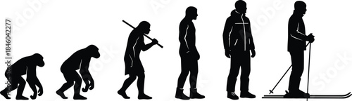 Human evolution silhouettes sequence showing ape to modern man with tools sports lifestyle progression isolated black vector illustration