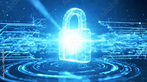 Glowing blue holographic padlock sits above spiraling digital waves, symbolizing cyber security now!