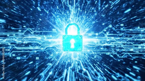 A glowing blue padlock sits at the center amid radiating neon data streams signaling security today