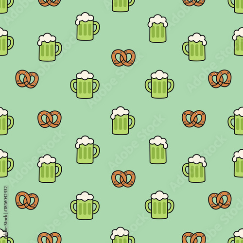 St. Patricks Day Pattern with Beer and Pretzels.