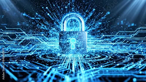 A neon-blue connector rises from a glowing circular circuit field, surrounded by luminous blue traces bright