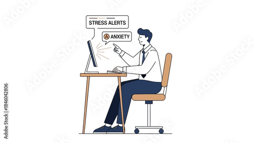 Illustration depicting stress and anxiety on a computer screen affecting a man at work