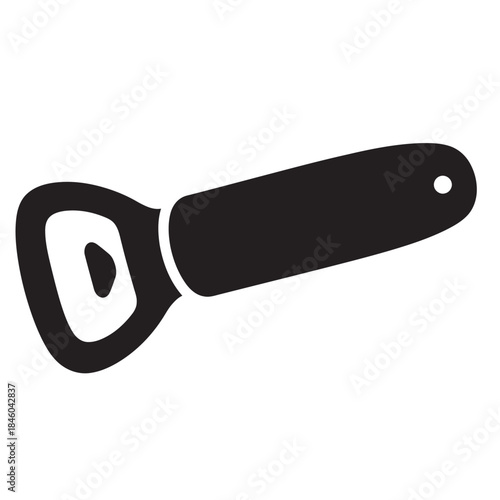 Sleek black silhouette of a classic bottle opener, an essential kitchen and bar tool for easily popping off crown caps from beverage bottles.