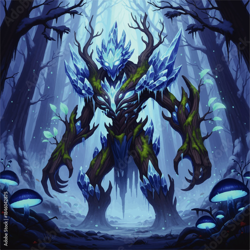 Enchanted ice forest guardian a mystical creature of crystalline nature and ancient trees