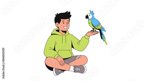 A young boy enjoying a relaxed moment with his pet parrot in a bright illustration