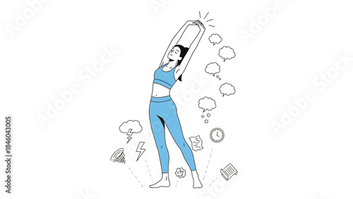 Illustration of a woman stretching with thought bubbles representing her mind and thoughts