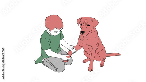 A young boy tending to a dog's injury, showing care and compassion in a drawing