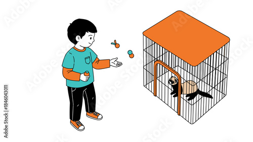 A Young Boy Playing and Interacting with a Ferret in an Animated Artistic Illustration