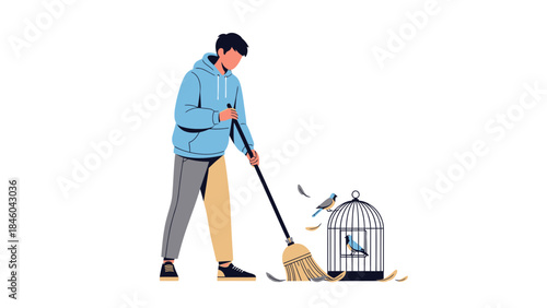 A Person Sweeping Feathers Near Birdcage Illustrating Freedom and Liberation Concept