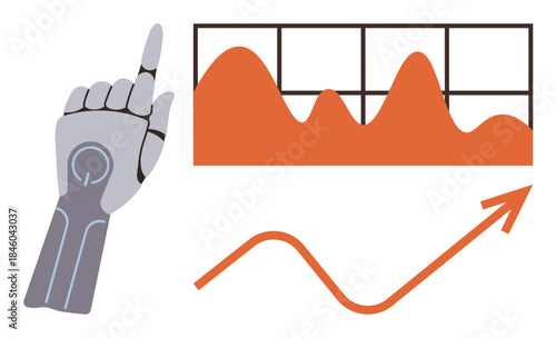 Robotic hand pointing to performance chart with fluctuating data and upward trend. Ideal for technology, AI, innovation, growth, analytics, automation, futuristic concepts, simple flat metaphor