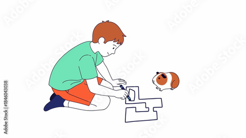 A young boy drawing a picture and a guinea pig looking at him with curious eyes