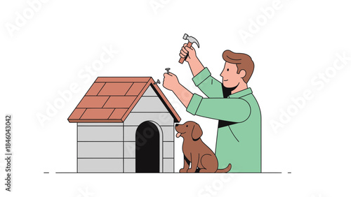 Man building dog house with hammer and nails, animal sitting beside it, illustration