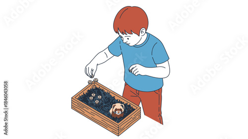 A young boy interacting with a ferret in a homemade wooden box