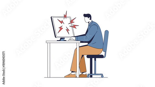 Illustration of a Man working on Computer with Overload and System Failure or Crash