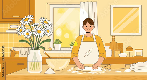 Woman Wearing Apron in Kitchen Cooking.