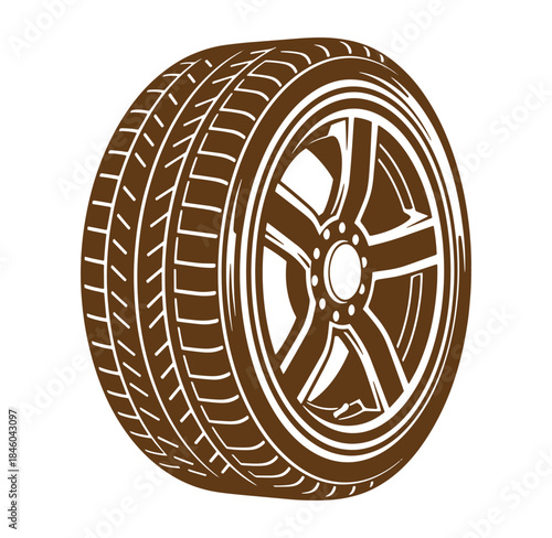 Automotive wheel illustration showing a car tire with distinctive tread and stylish rim design