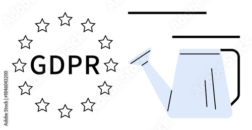 GDPR text inside a circle of stars paired with a watering can, signifying care, growth, and compliance. Ideal for regulations, privacy, security, growth, governance business and protection themes